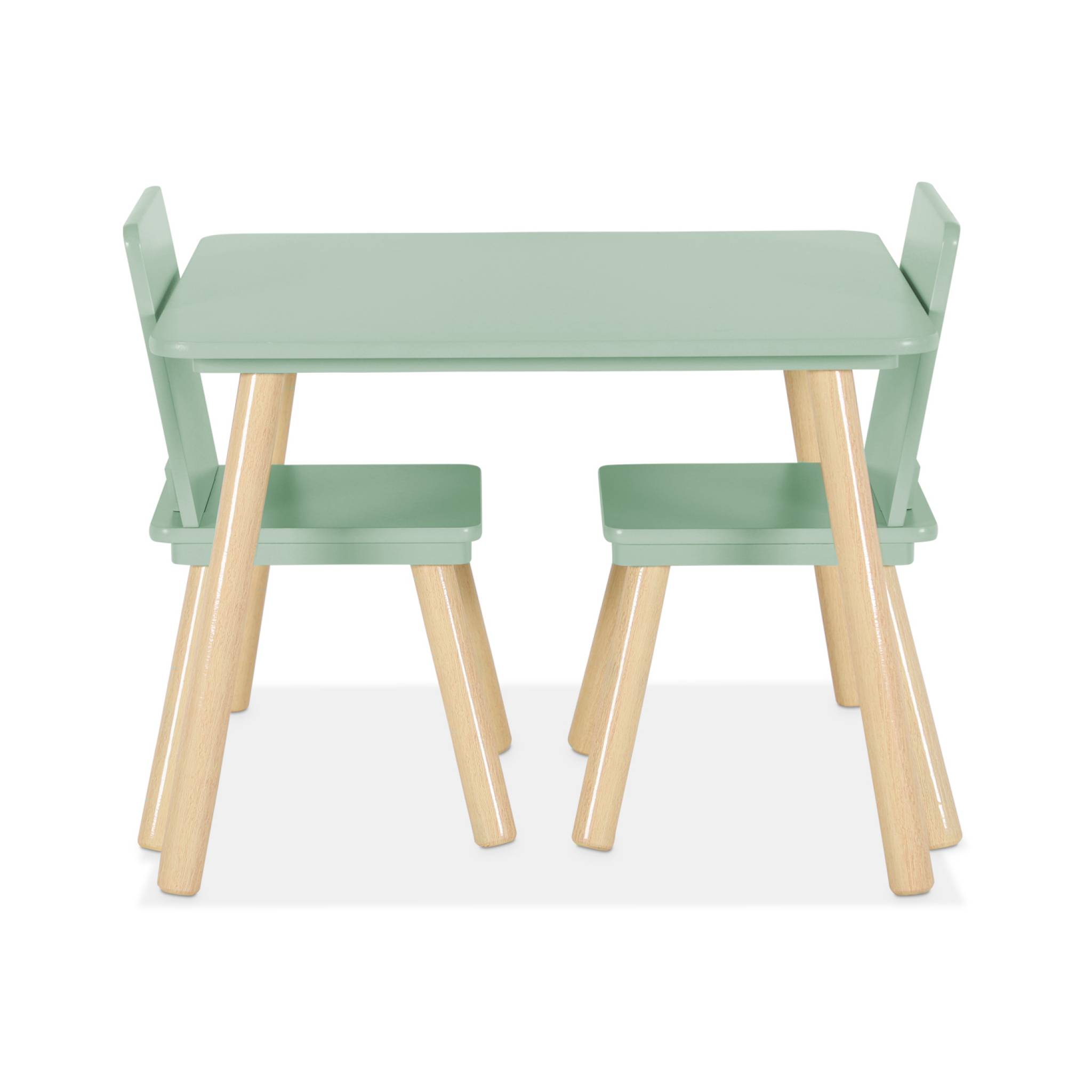 Table carrée enfant avec 2 chaises. pieds en pin. vert