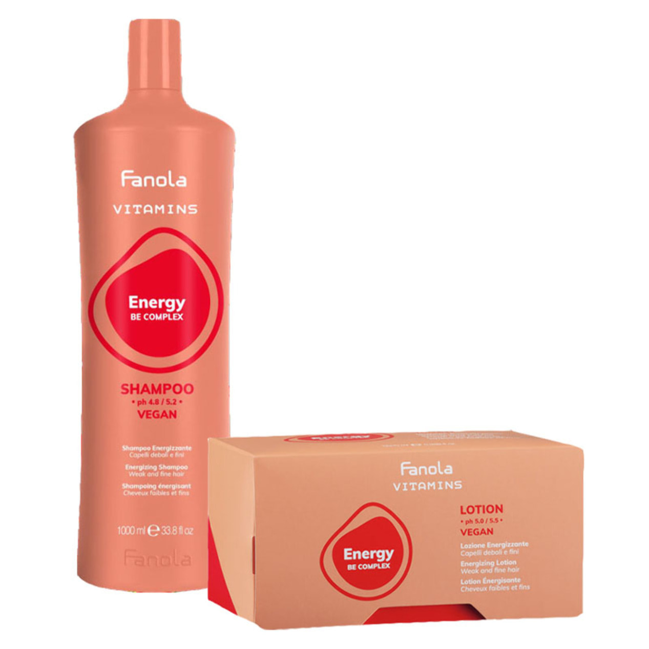 FANOLA Kit Vitamins Energy Vegan Shampoo 1000ml + Lotion 12x10ml