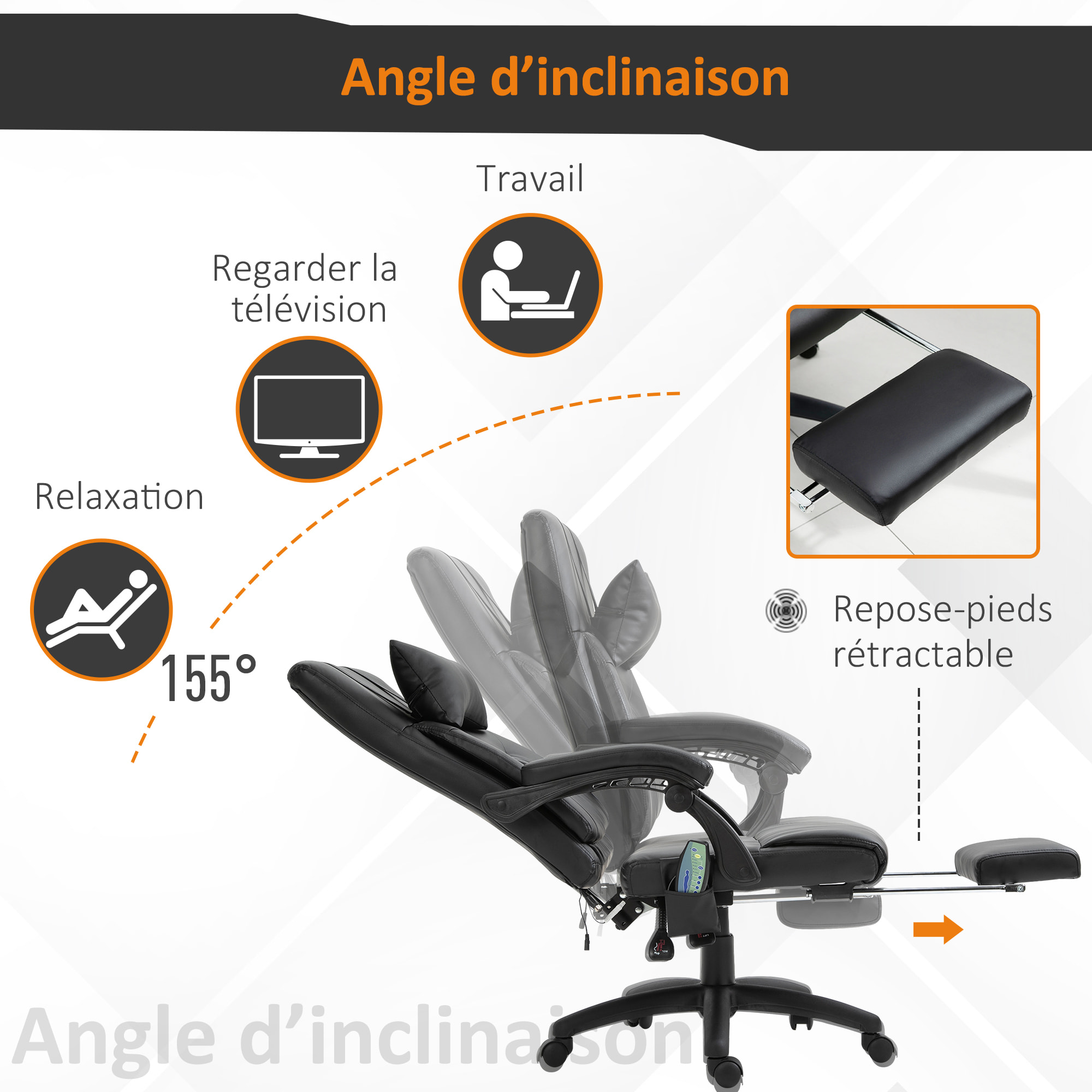 HOMCOM Fauteuil de bureau manager massant hauteur réglable dossier inclinable repose-pied + appui-tête 68 x 79 x 104-112 cm noir