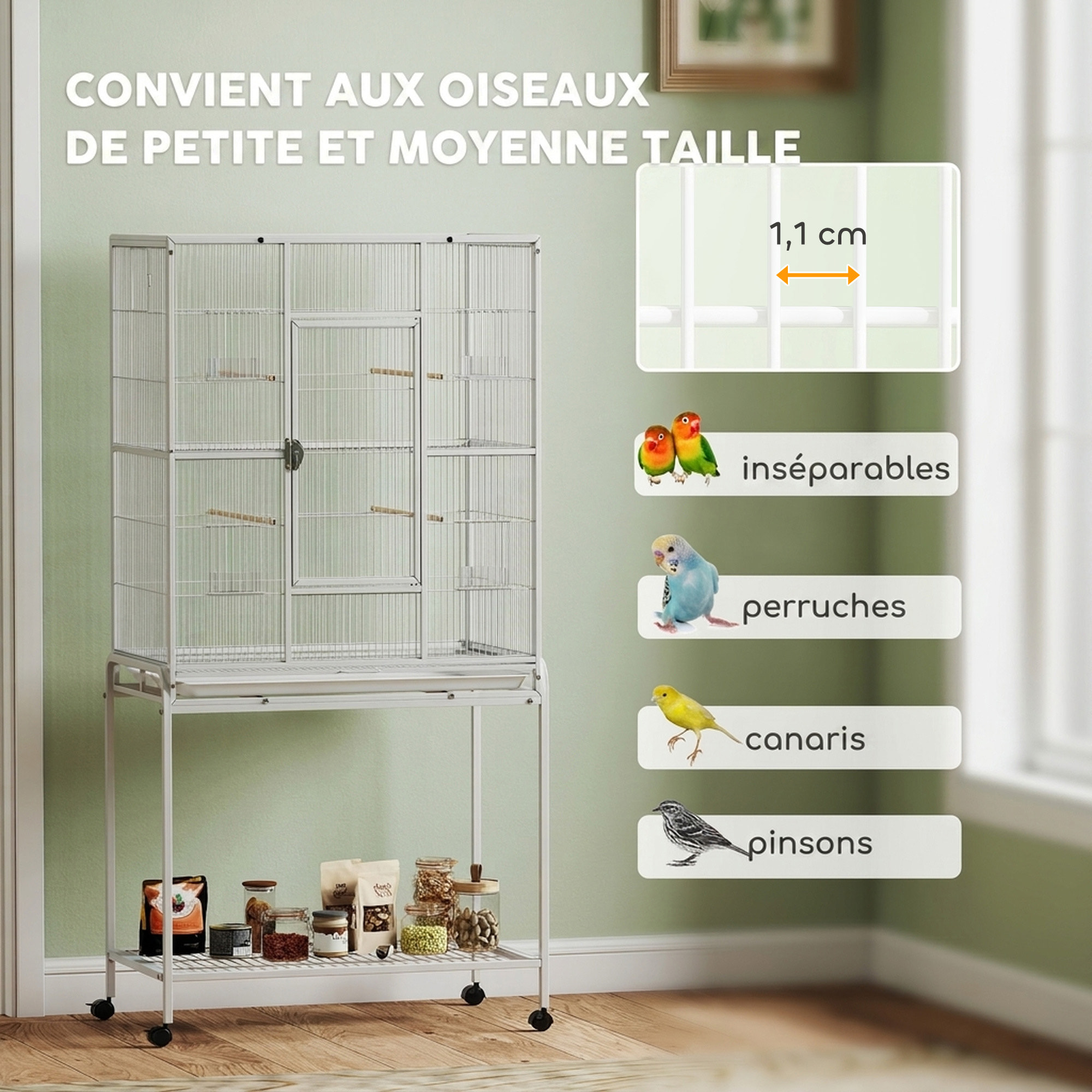 Cage à oiseaux portable avec 4 mangeoires et 4 perchoirs pratique 81 x 48 x 162 cm blanc
