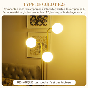 Lampadaire sur pied style contemporain acier doré 3 globes pivotants verre dépoli blanc