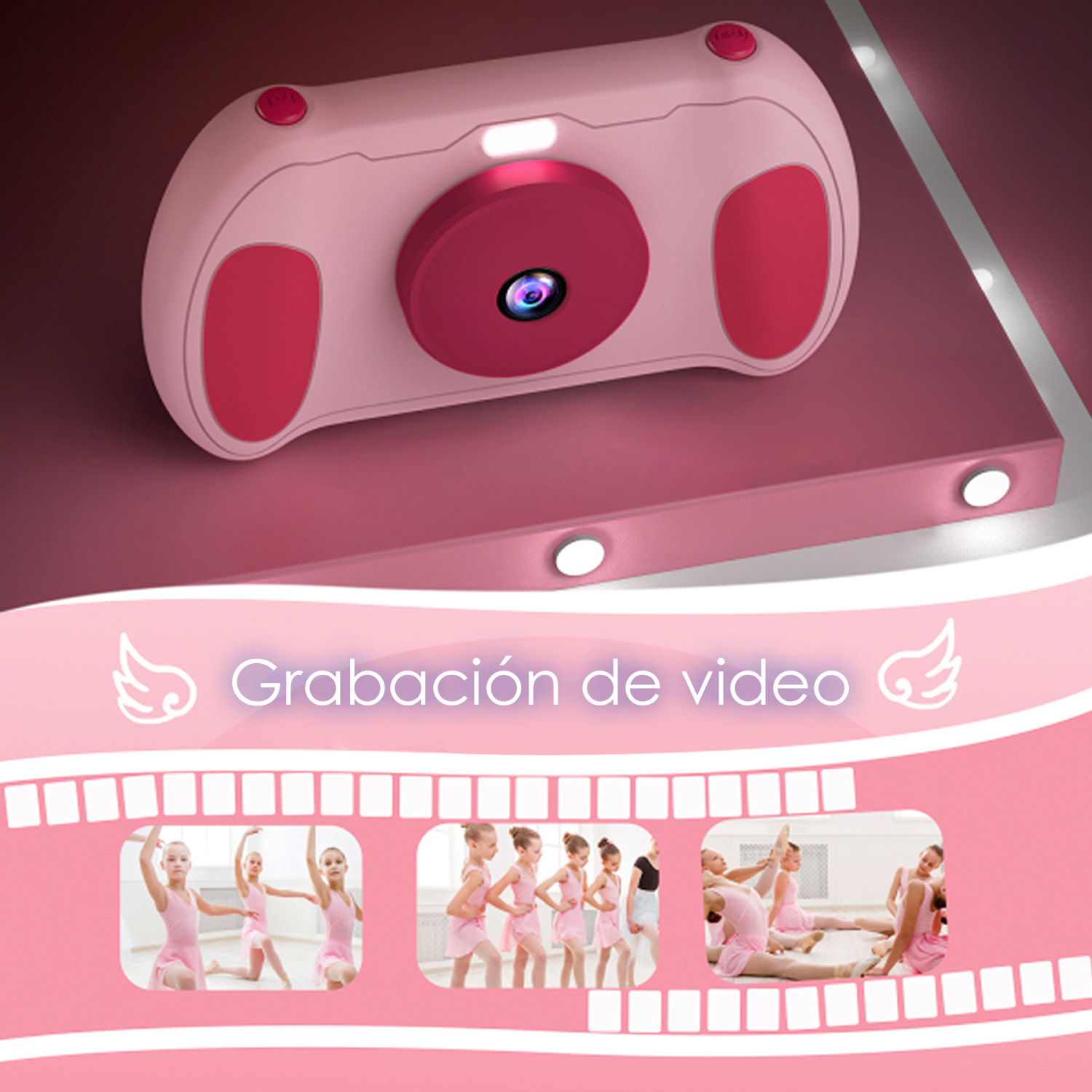 DAM Cámara de fotos y video infantil con juegos incorporados. Cámara dual, 48mpx y videoFull HD. Pantalla de 2,4 pulgadas. 12,5x3,5x7,5 Cm. Color: Rosa