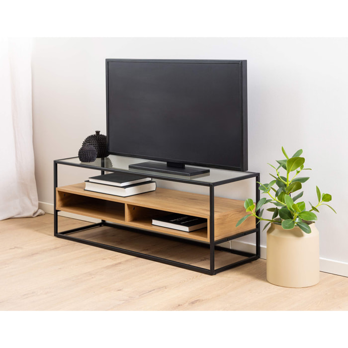 Parker - meuble TV - bois, verre et métal noir - 120 cm - Bois / Noir