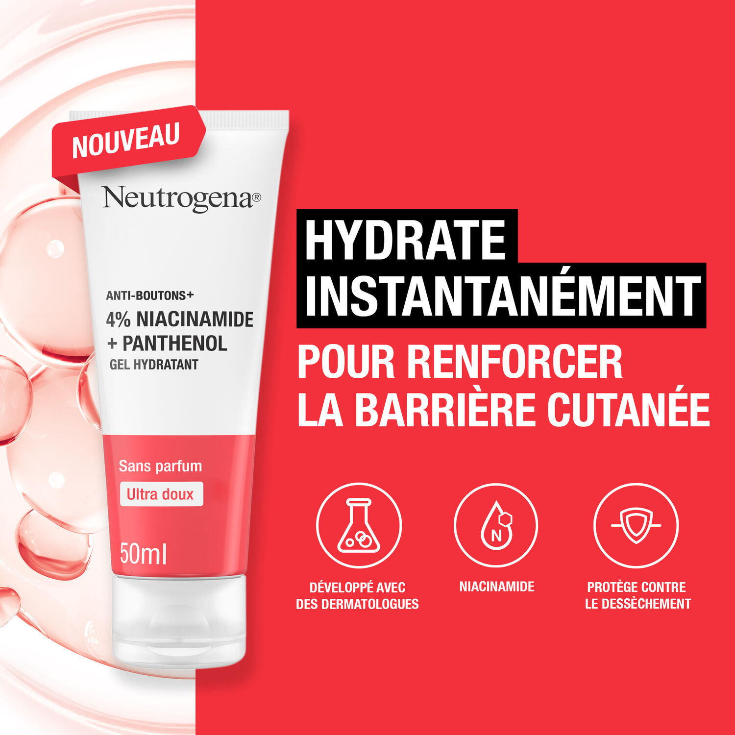 Anti-Boutons+ - Gel Hydratant Niacinamide + Panthénol - Sans Parfum - 50 ml