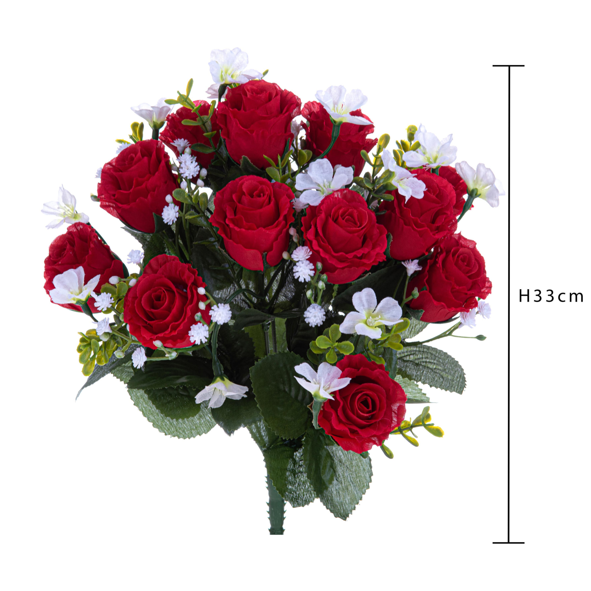 Bouquet Di Rose E Gipsophila. Altezza 33 Cm - Pezzi 4 - 23X33X23cm - Colore: Rosso - Bianchi Dino - Fiori Artificiali