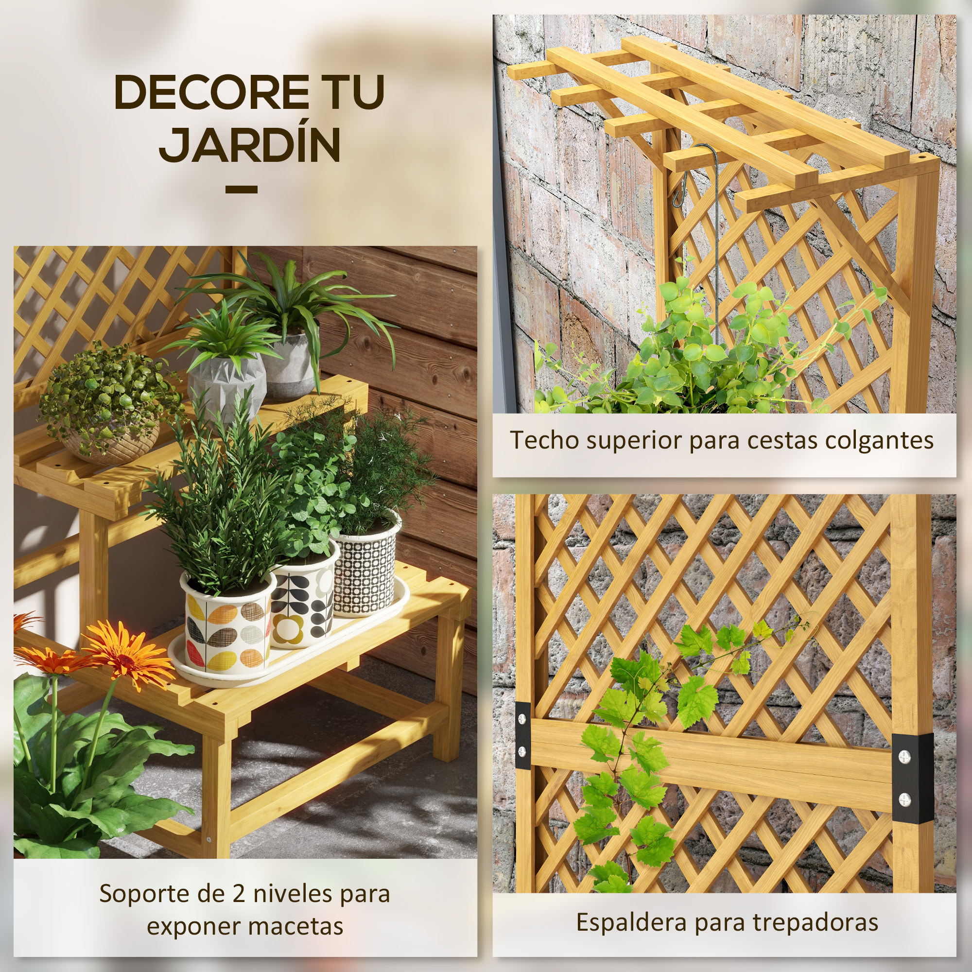 Soporte para Plantas de Madera Estantería para Plantas de 2 Niveles Soporte para Macetas Exterior con Enrejado para Jardín Patio Terraza 60x50x166 cm Natural