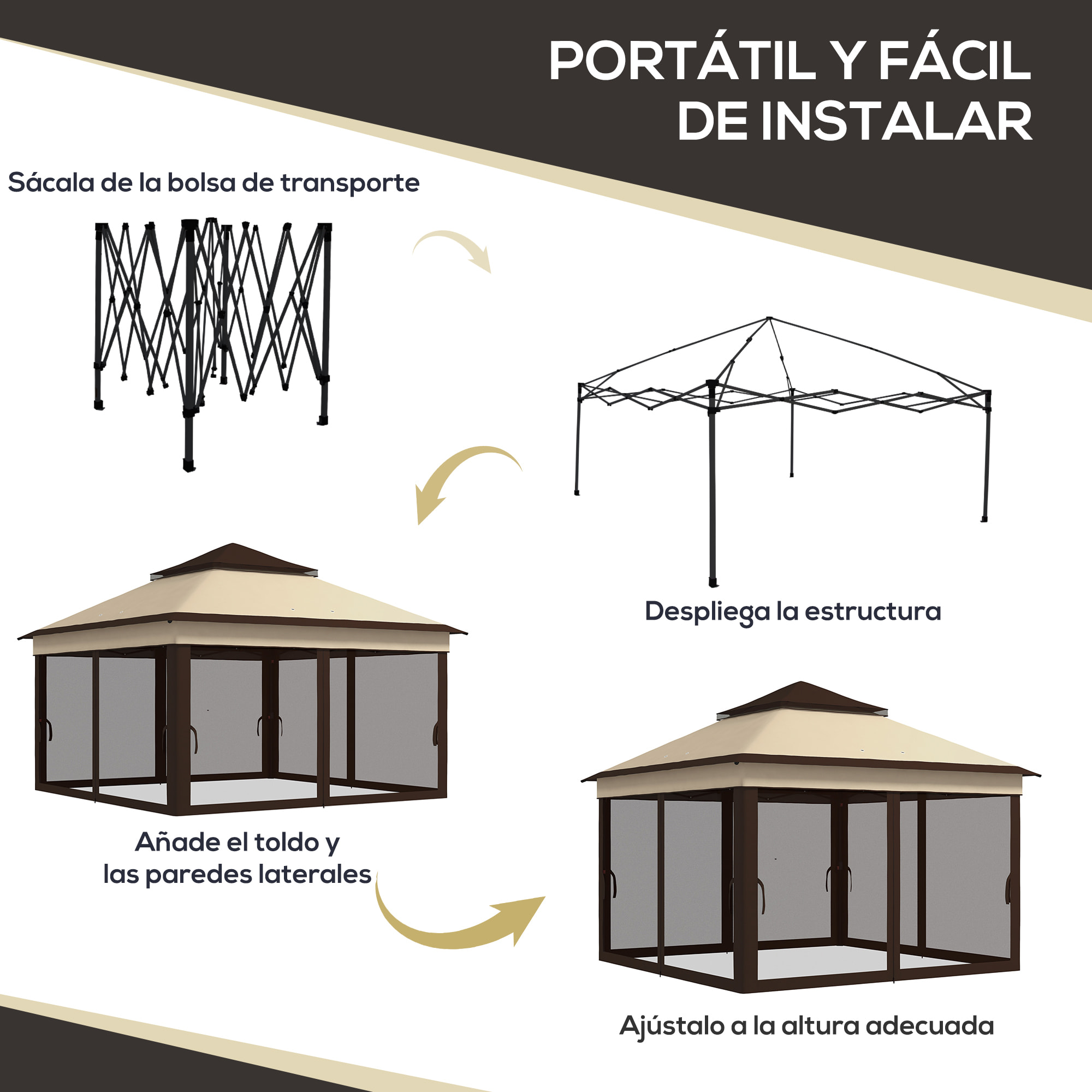 Carpa Plegable 3x3x2,7 m Cenador de Jardín con Doble Techo Altura Ajustable 4 Mosquiteras Protección UV30+ Impermeable y Bolsa Gazebo para Exterior Fiestas Camping Beige y Café