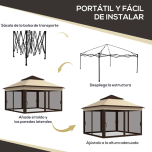 Carpa Plegable 3x3x2,7 m Cenador de Jardín con Doble Techo Altura Ajustable 4 Mosquiteras Protección UV30+ Impermeable y Bolsa Gazebo para Exterior Fiestas Camping Beige y Café
