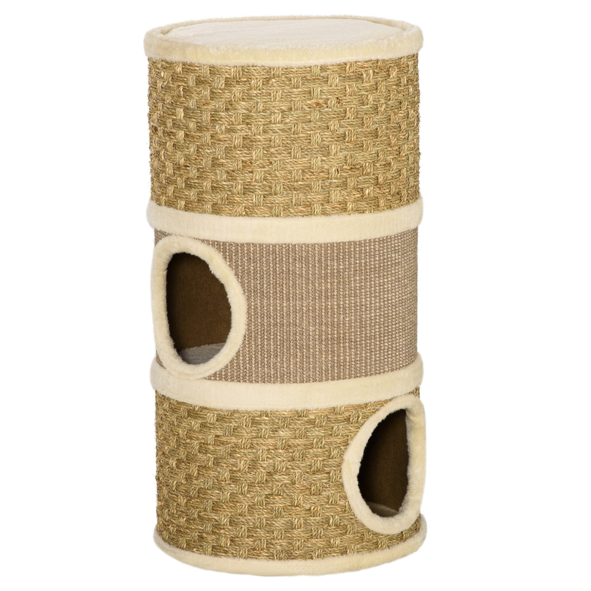 Arbre à chat cylindrique - tour à griffer pour chat - arbre à chat tour - Tonneau griffoir - 3 niches + plateforme - sisal corde d'algues beige