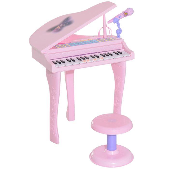 Piano Infantil 37 Teclas Teclado Electrónico Juego de Piano con Micrófono Taburete Luces y 22 Canciones USB/MP3 Karaoke Modo de Enseñanza Rosa