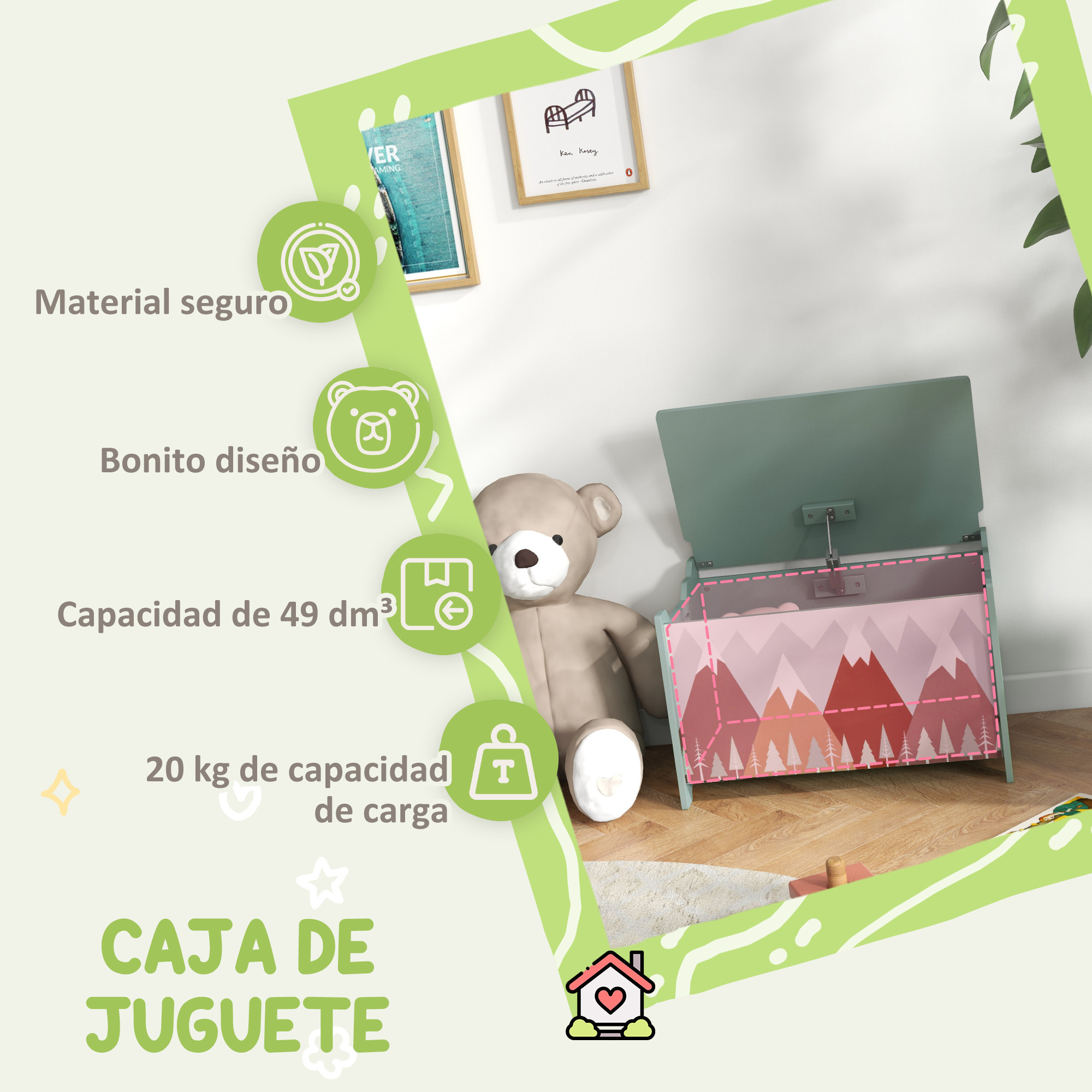 Cajas de Almacenamiento Cajas de Juguetes para Niños de 3 a 8 Años con 2 Asas y Estampado de Osos Carga 20 kg para Libros Ropas en Dormitorio Salón Comedor 60x37x39 cm Verde