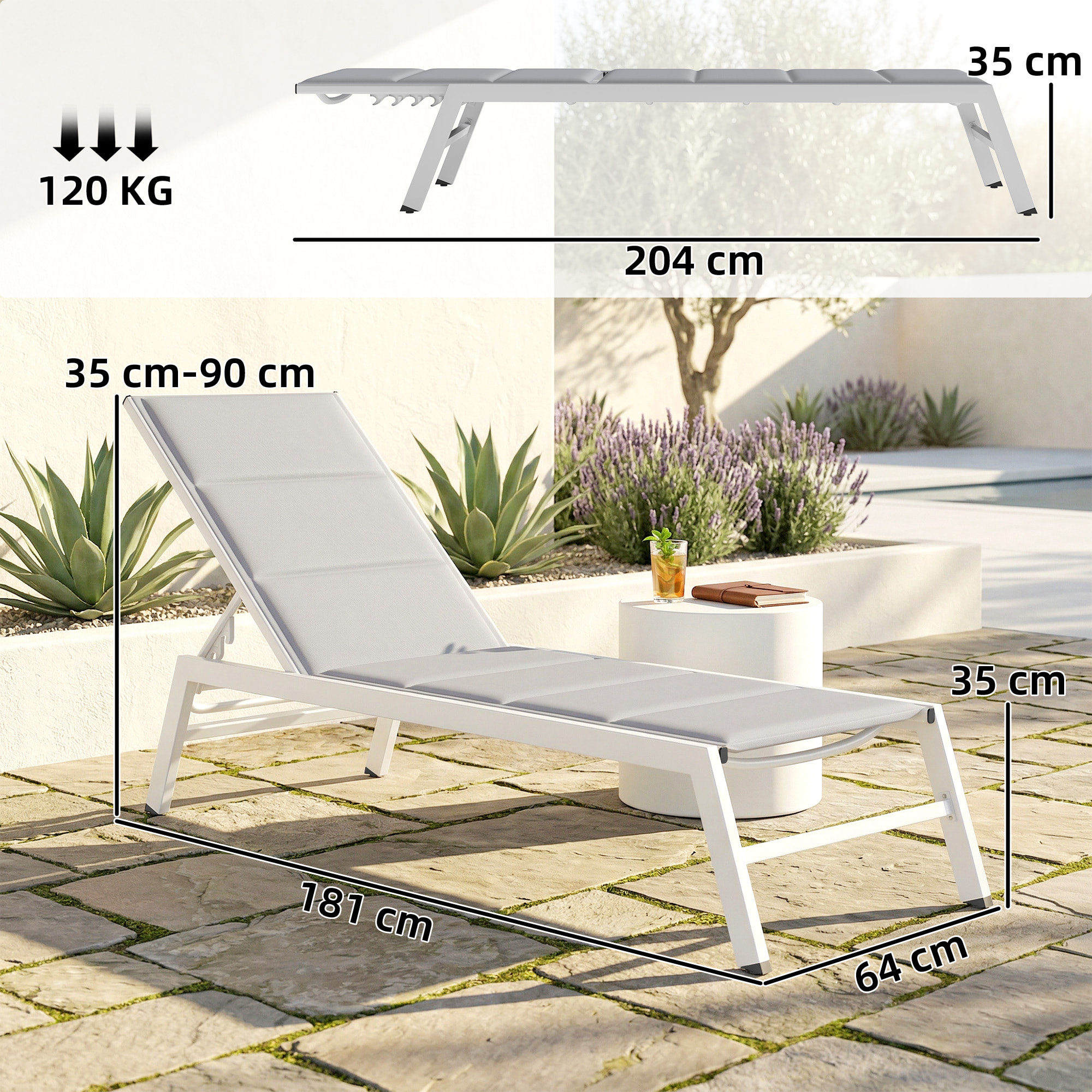 Bain de soleil réglable 6 positions 1 place aluminium gris clair