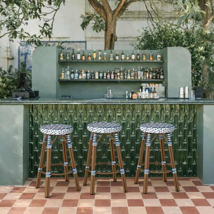 Tabouret de bar d'extérieur en textilène avec effet rotin tressé bleu SCALA