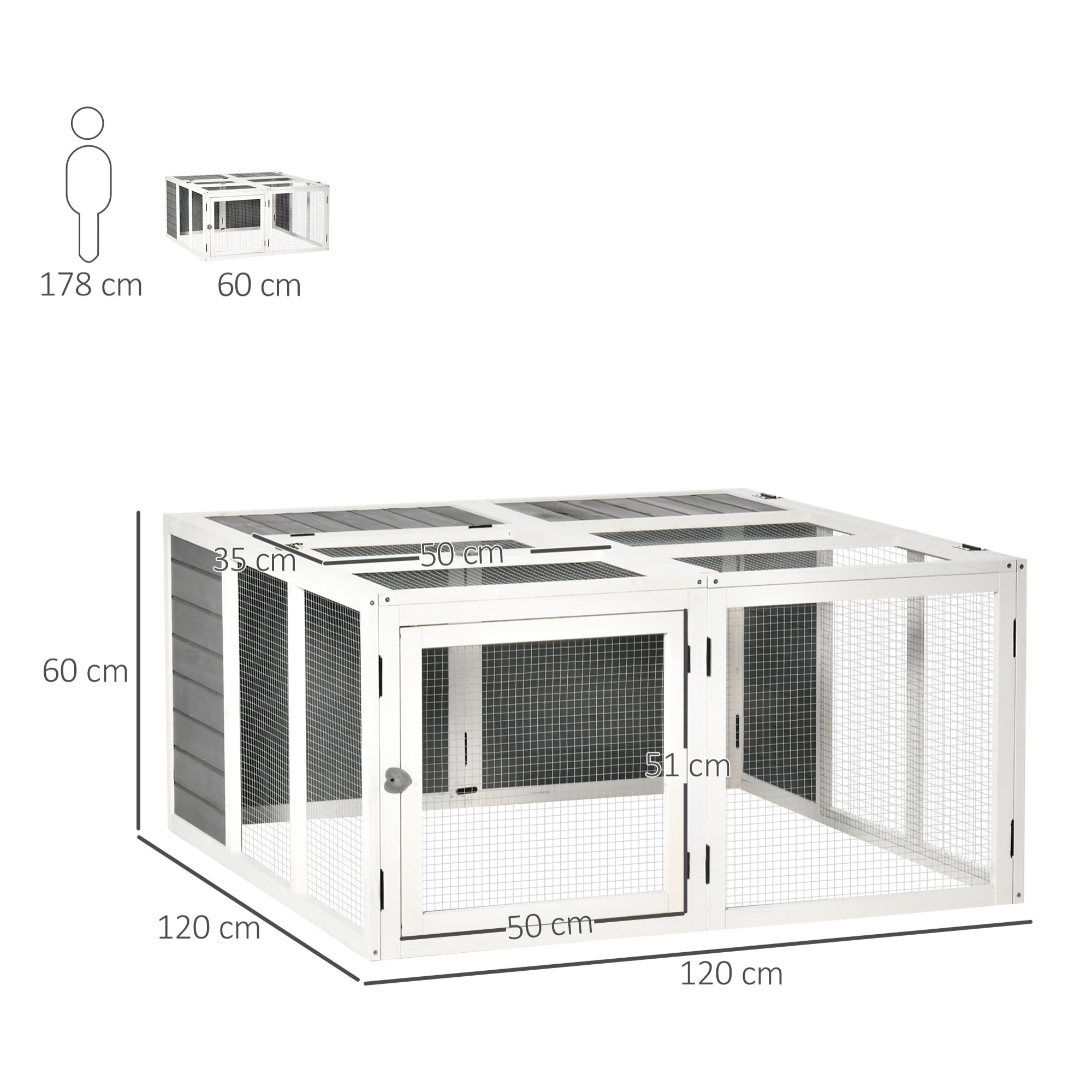 PawHut Conigliera da Esterno e Interno con Tetto Apribile, Gabbia per 2-4 Conigli - Grigia