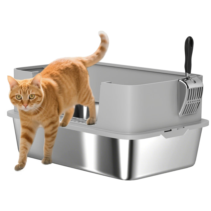 Arenero para Gatos de Acero Inoxidable XL Caja de Arena para Gatos Arenero con Borde Alto Pala Fácil de Limpiar Prueba de Fugas 60x40x29,5 cm Gris