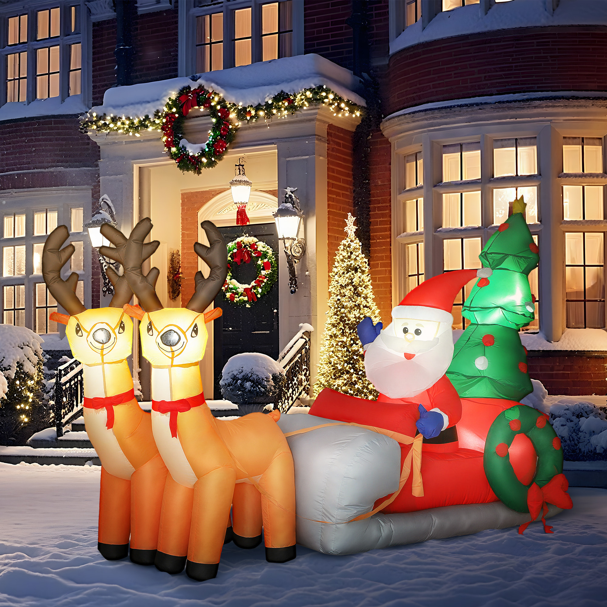 Papá Noel Hinchable con Trineo, Renos y Árbol, Inflables de Navidad con Luces LED, Decoración de Navidad para Exterior e Interior, 216x90x150 cm