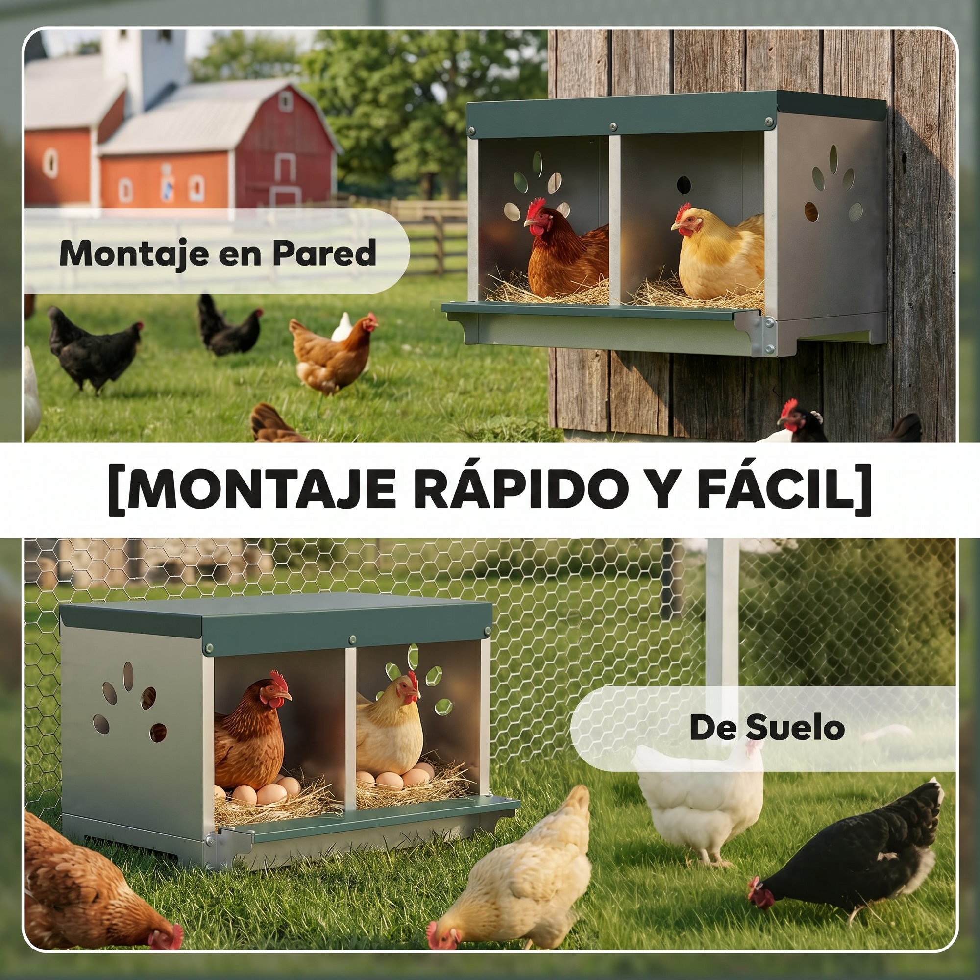 Ponedero para Gallinas de Acero Galvanizado con 2 Huecos, Caja Nido para 2 Gallinas con Techo Impermeable y Ventilación, para Recoger los Huevos más Limpios, Plateado y Verde