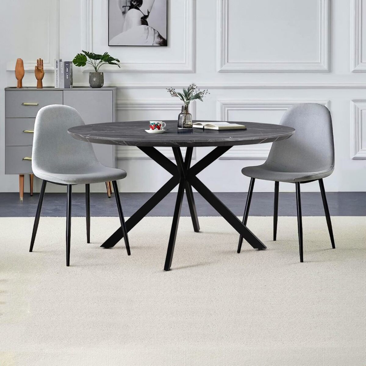 Tavolo tondo 140 cm con top effetto noce e gambe nere - Exten