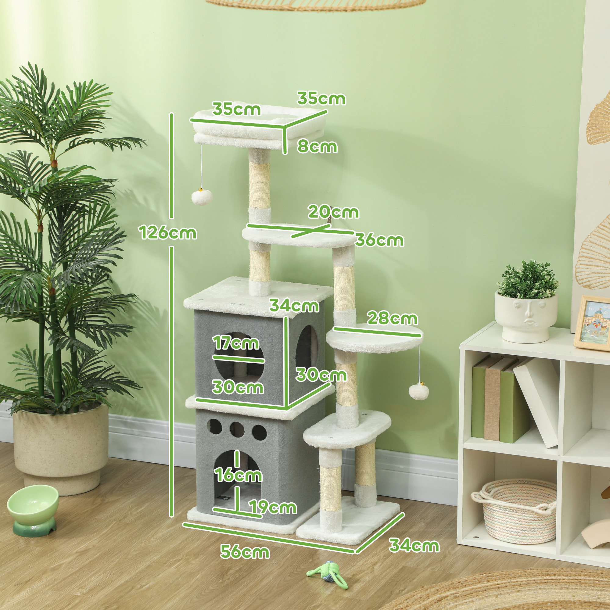 Árbol Rascador para Gatos 126 cm Torre para Gatos Rascador para Gatos con Nidos Plataformas Bolas Colgantes y Postes de Sisal Crema