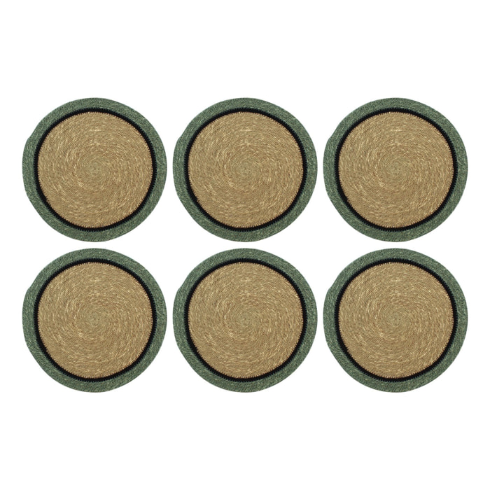 Lot de 6 sets de table en jonc de mer naturel et vert d38cm IRIS