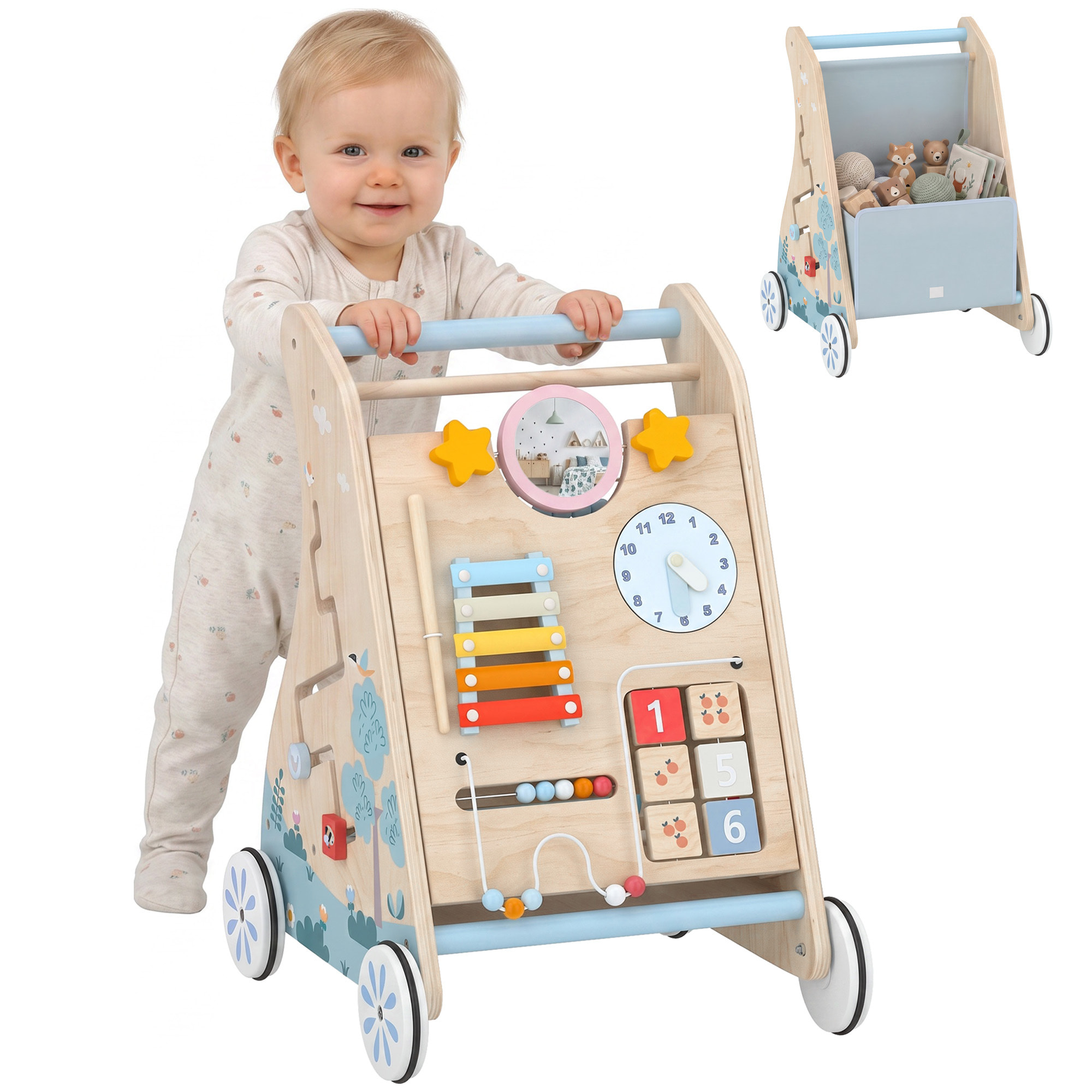 AIYAPLAY Andador Madera Bebé 3 en 1, Caminador Bebé con Juguetes Montessori, Panel Desmontable de Doble Cara, Centro de Actividades con Almacenaje, Ruedas, Niños de 1-3 Años y Altura +75 cm, Natural