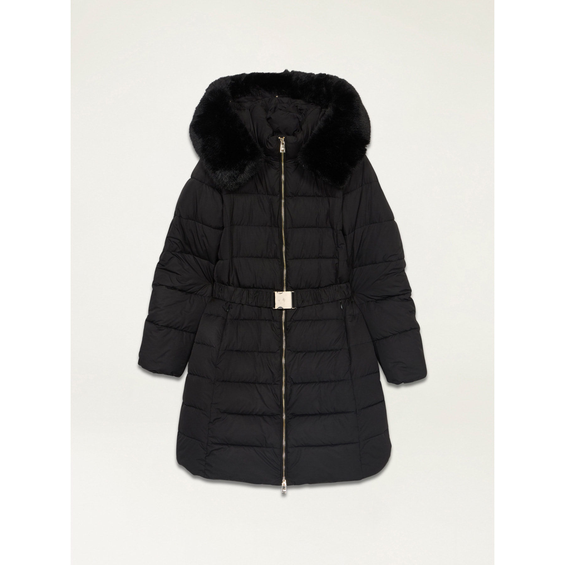 Oltre - Midi down jacket with belt and furry edge - Negro