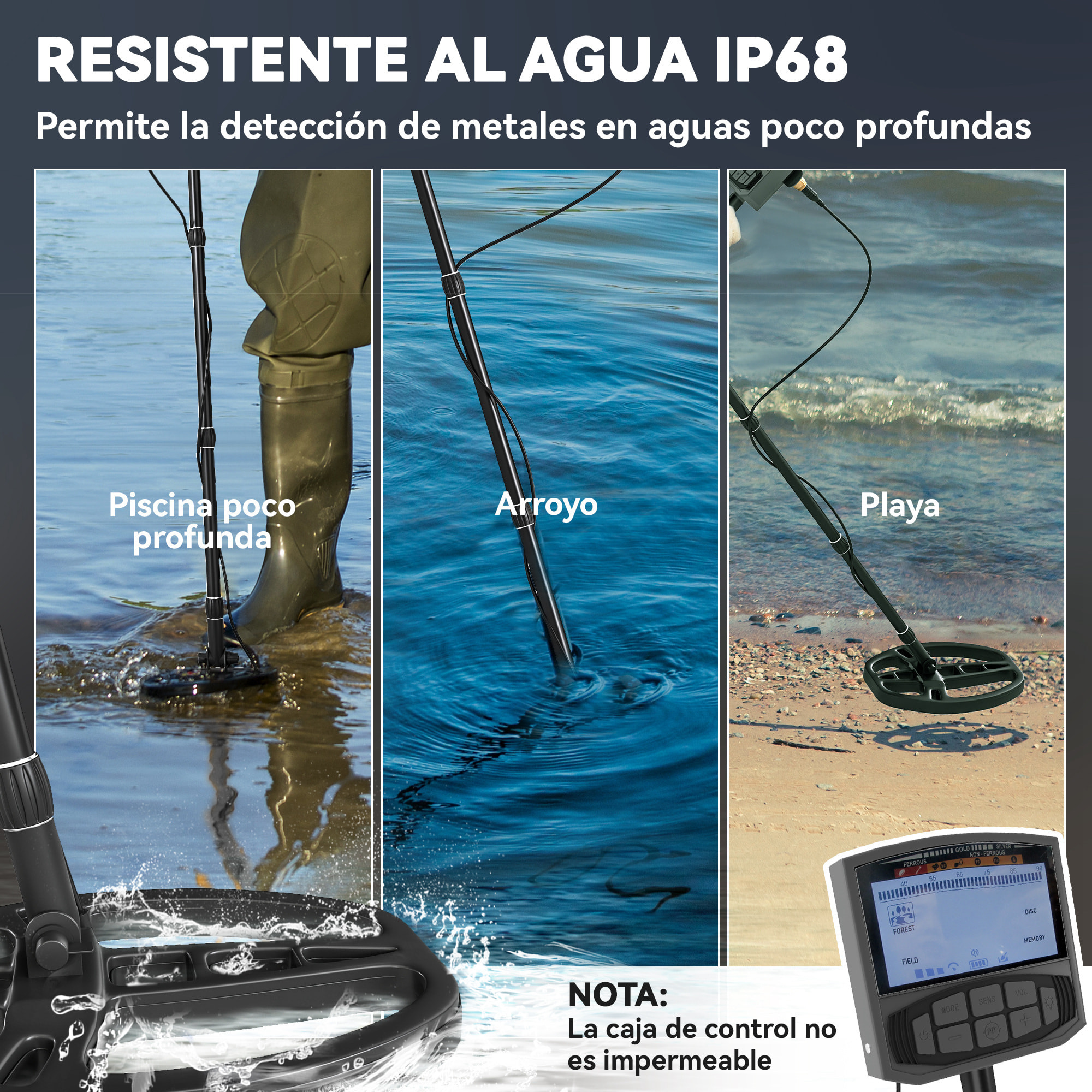 Detector de Metales para Adultos y Niños con Batería Detector IP68 con 5 Modos y Memoria Pantalla LCD Retroiluminada Chip DSP 28x21x48-130 cm Gris Oscuro