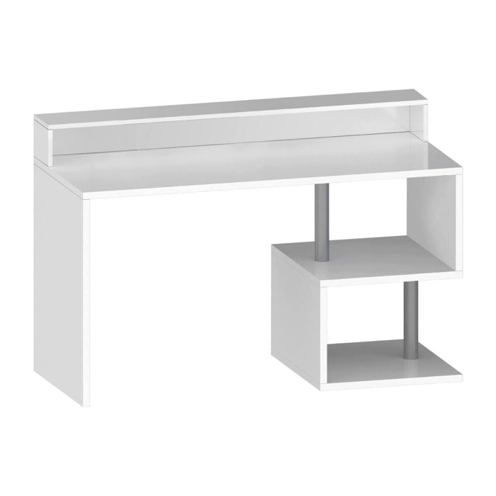 Scrivania Kobenhavn, Scrittoio lineare con ripiani portaoggetti, Scrivania ufficio multiuso con sopralzo, 140x60h93 cm, Bianco