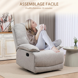 Fauteuil relax inclinable réglable repose-pied intégré tissu toucher lin gris clair