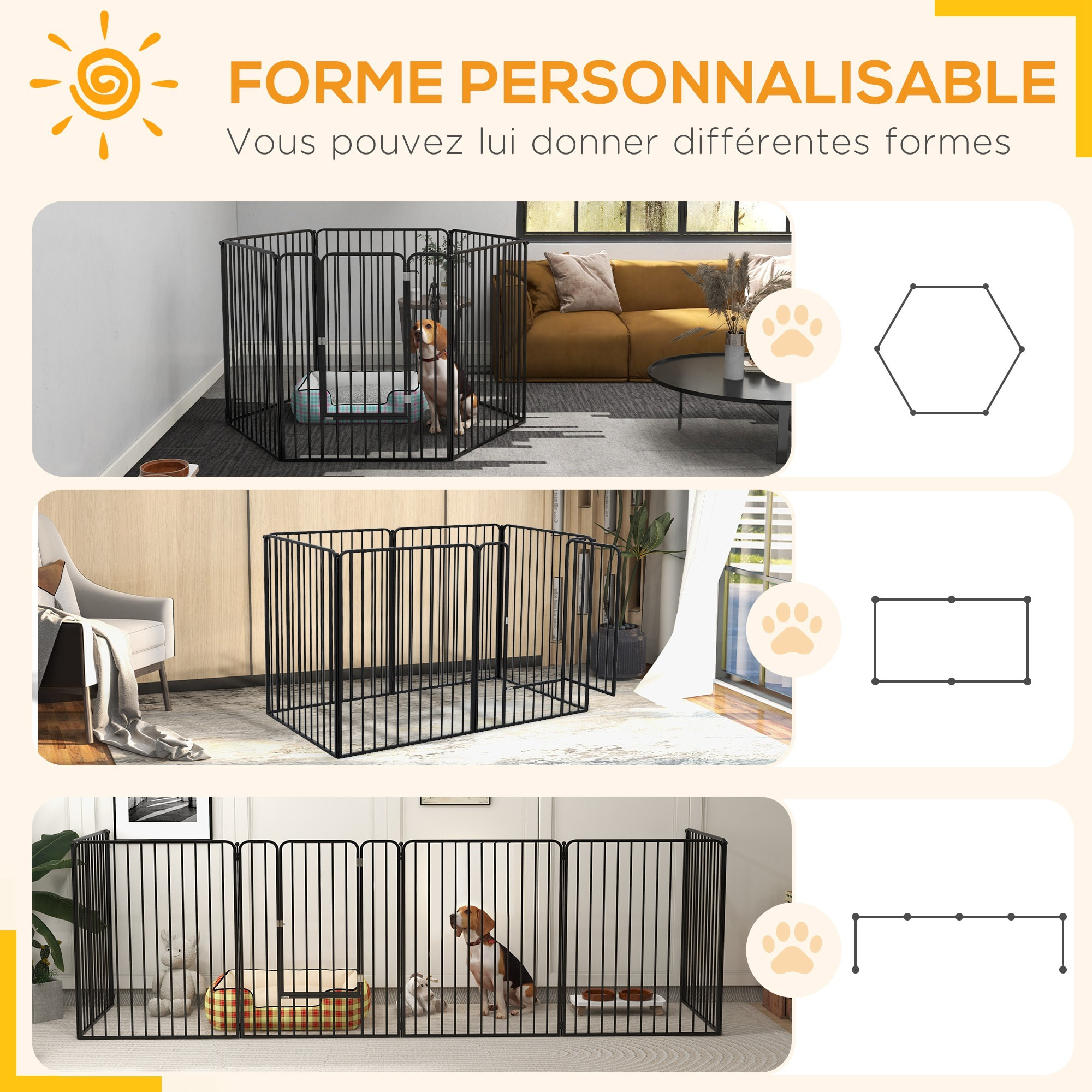 Parc enclos modulable pour chien 6 panneaux avec porte acier époxy noir