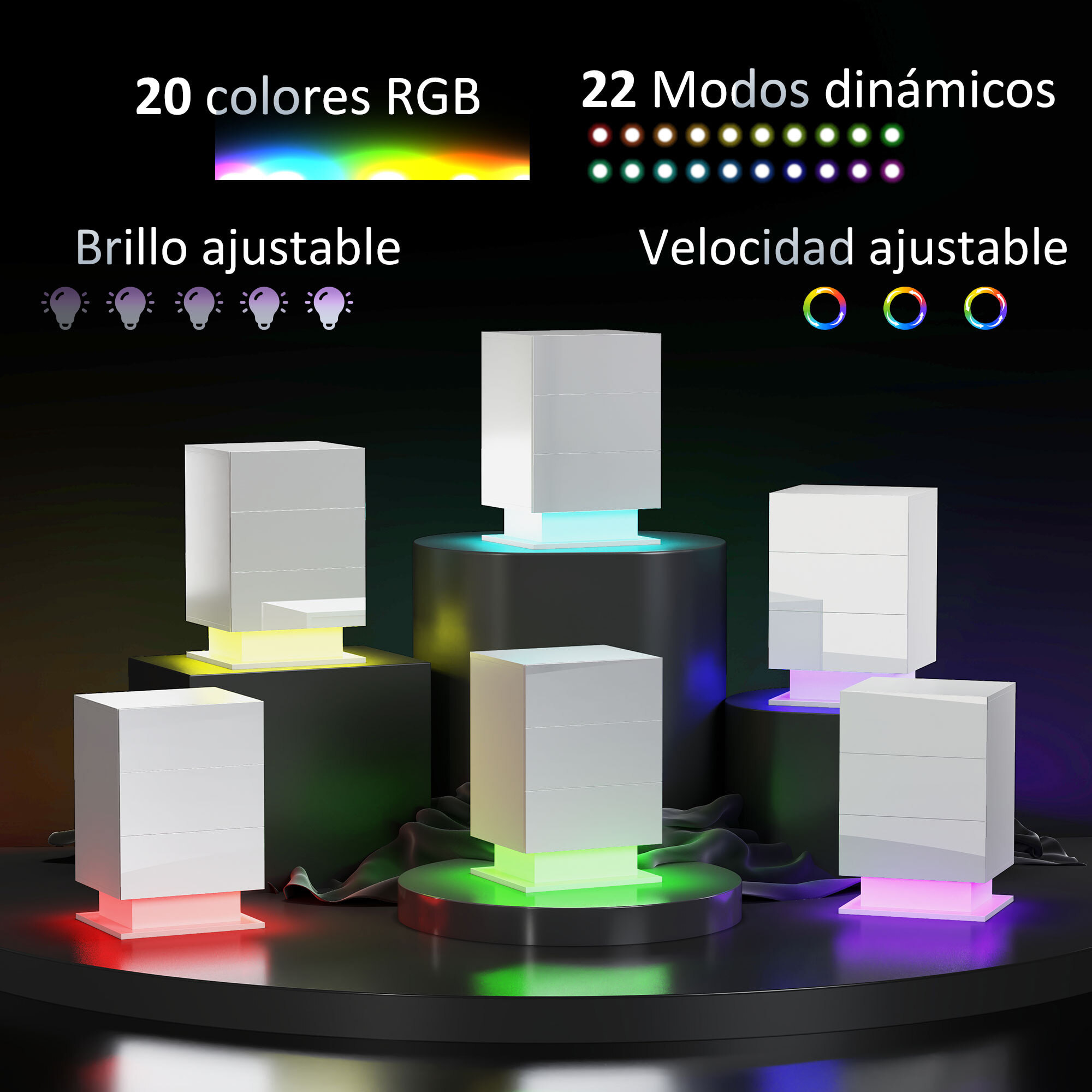 Mesita de Noche con Tira de Luz LED Multicolor Variable Mesa Auxiliar con 3 Cajones Estilo Moderno Mesilla de Noche para Dormitorio Salón 40x35x60 cm Blanco Brillo
