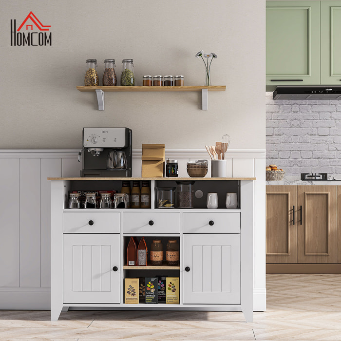 Aparador de Cocina Mesa para Televisores de 50 Pulgadas con 3 Cajones 2 Puertas 2 Estantes Abiertas y 2 Estantes Ajustables Estilo Moderno 120x38x81,5 cm Blanco
