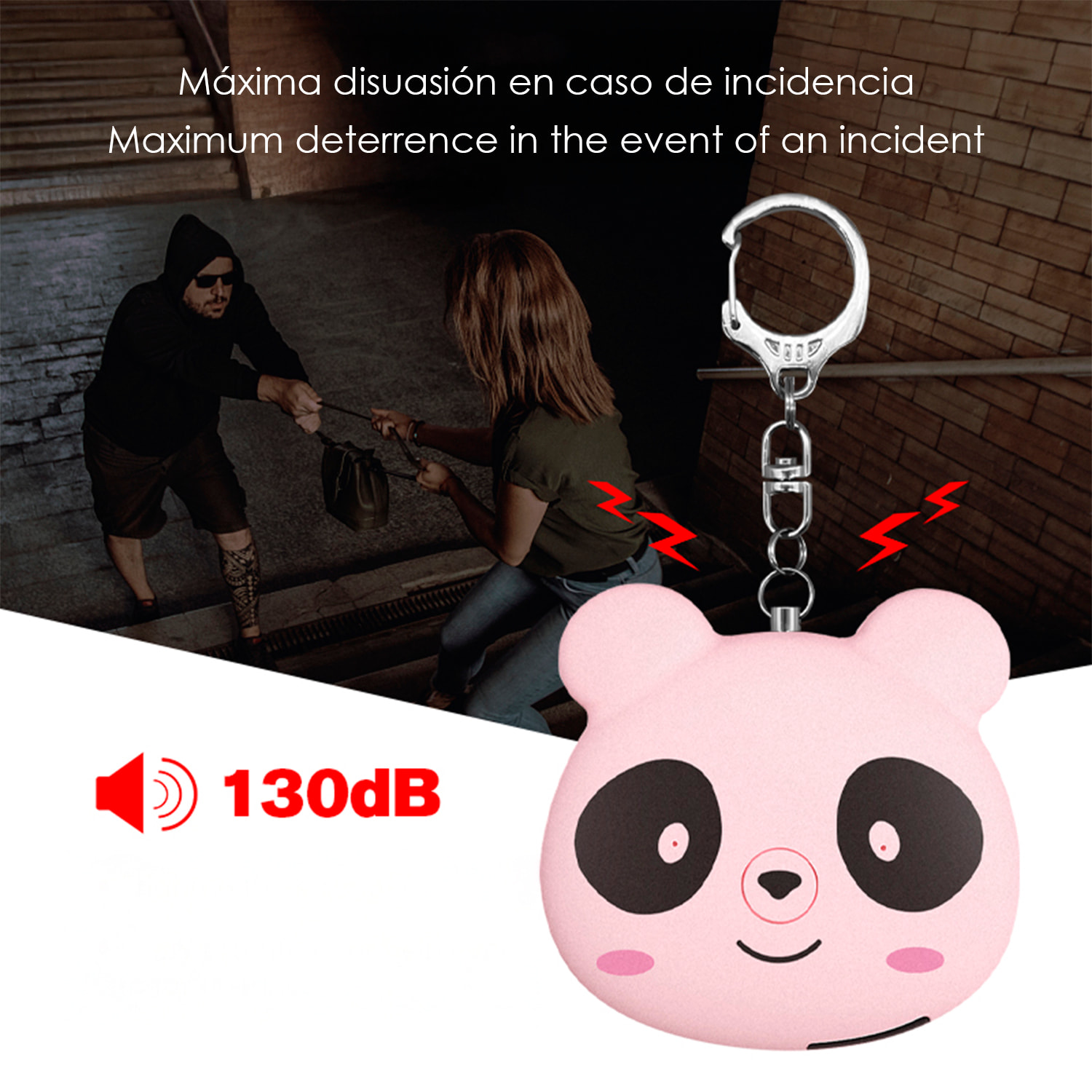 Alarma SOS personal con diseño de panda y sonido de 130dB. Batería recargable y activación rápida por tirón de anilla.