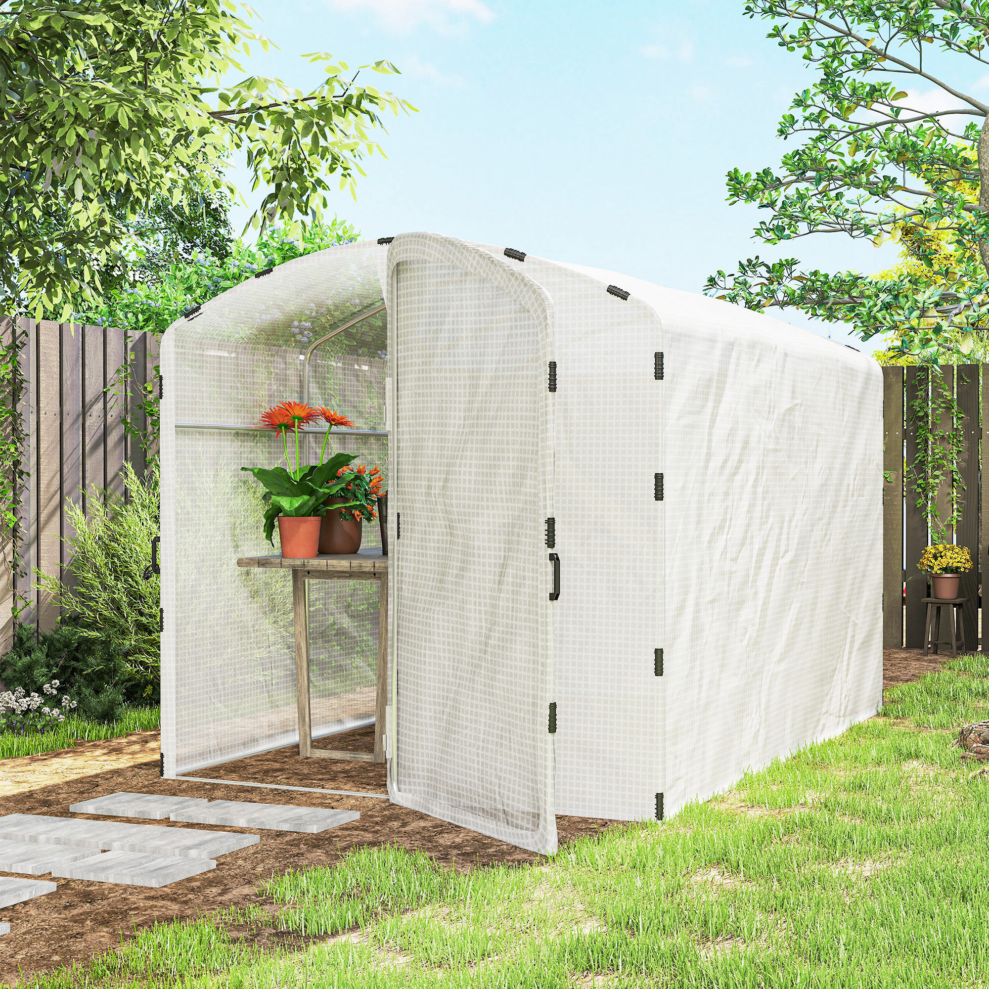 Serre tunnel de jardin 6 m² porte bâche PE haute densité 220g/m² blanc