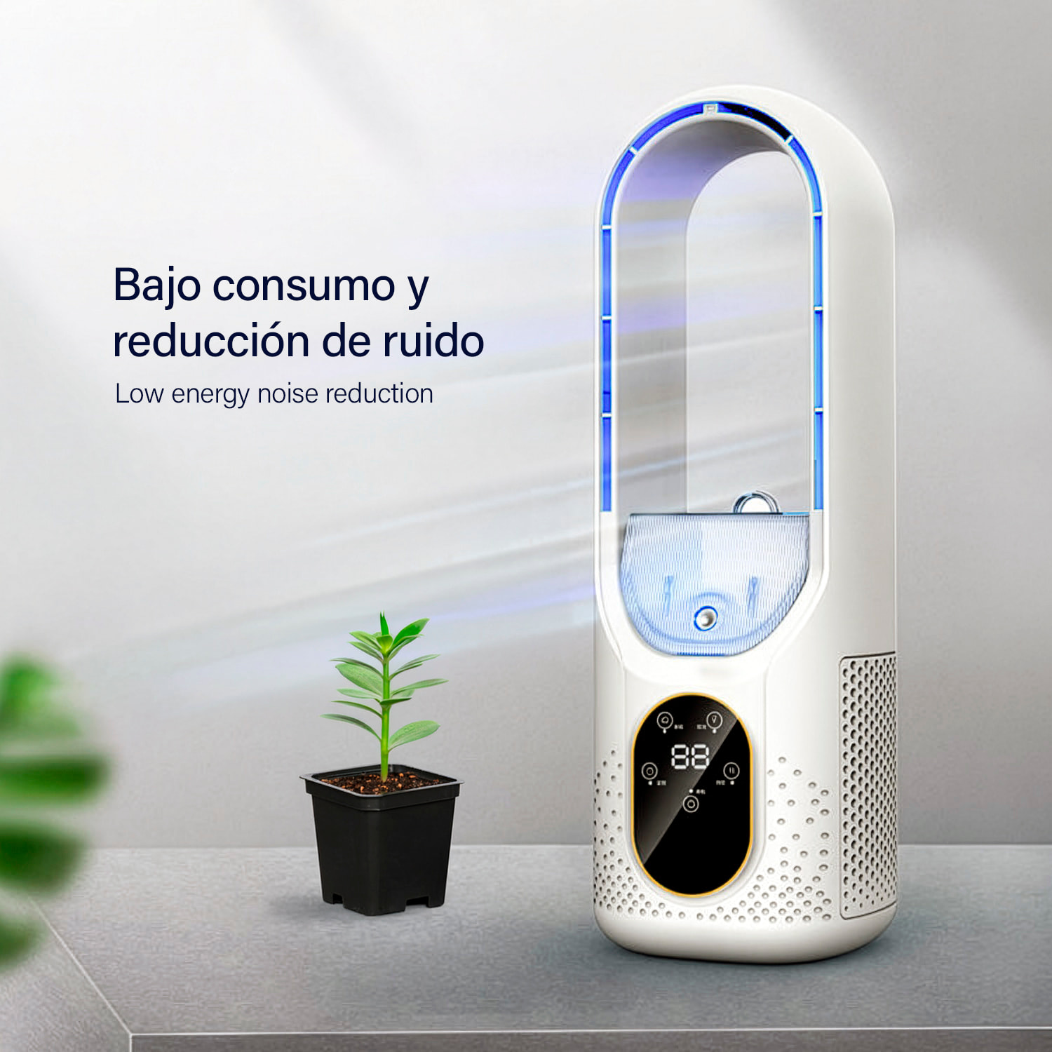 Ventilatore senza pale Y088. Con funzione di nebulizzazione, 6 velocità e timer fino a 6 ore. Serbatoio da 100 ml e luce ambientale a 7 colori.