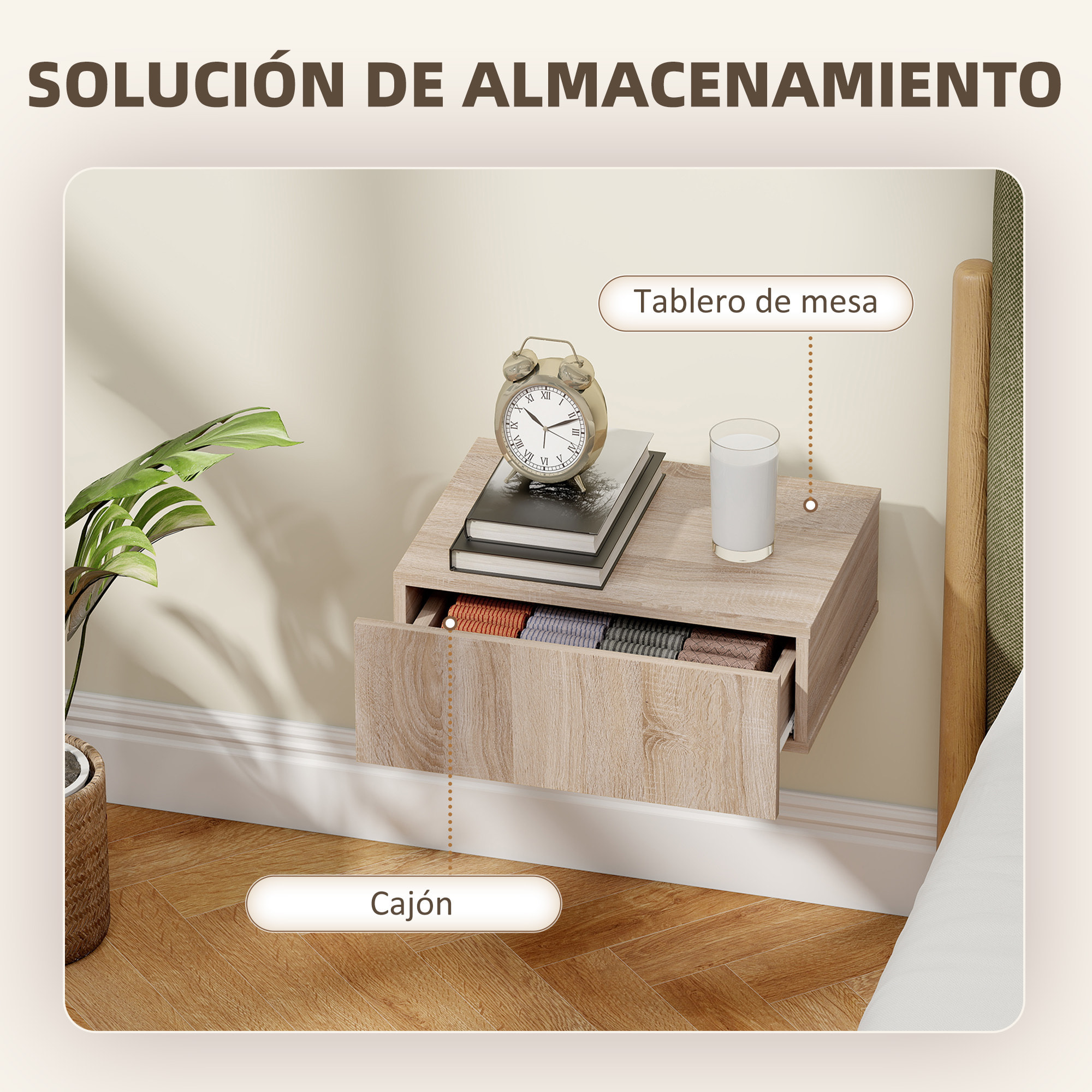 Set de 2 Mesillas de Noche de Pared, Mesitas de Noche Flotantes con 1 Cajón, Mesas Auxiliares para Dormitorio, Habitación Hogar, Diseño Sencillo, 40x30x15 cm, Roble