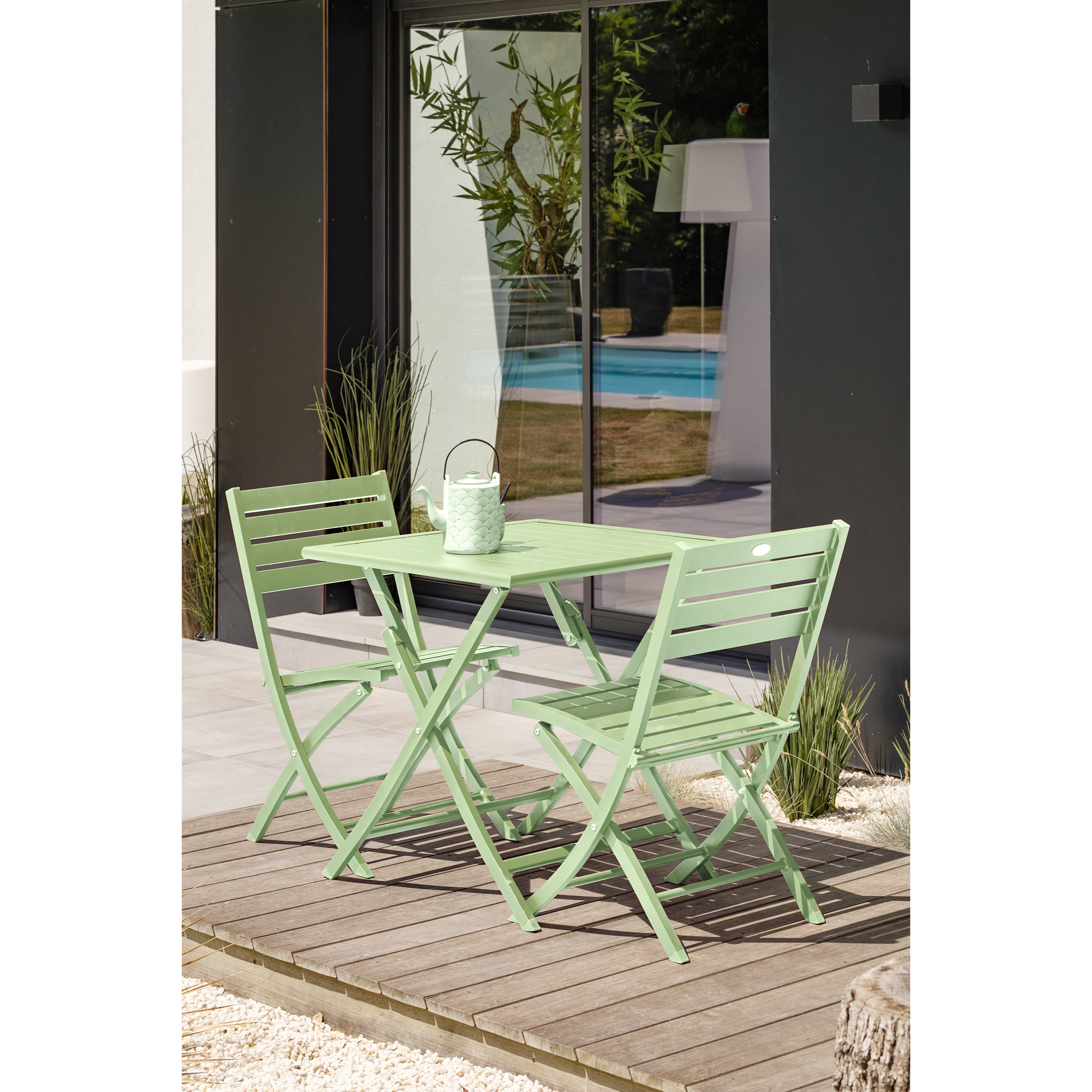 MARIUS - Ensemble repas de jardin 2 places en aluminium vert lagune