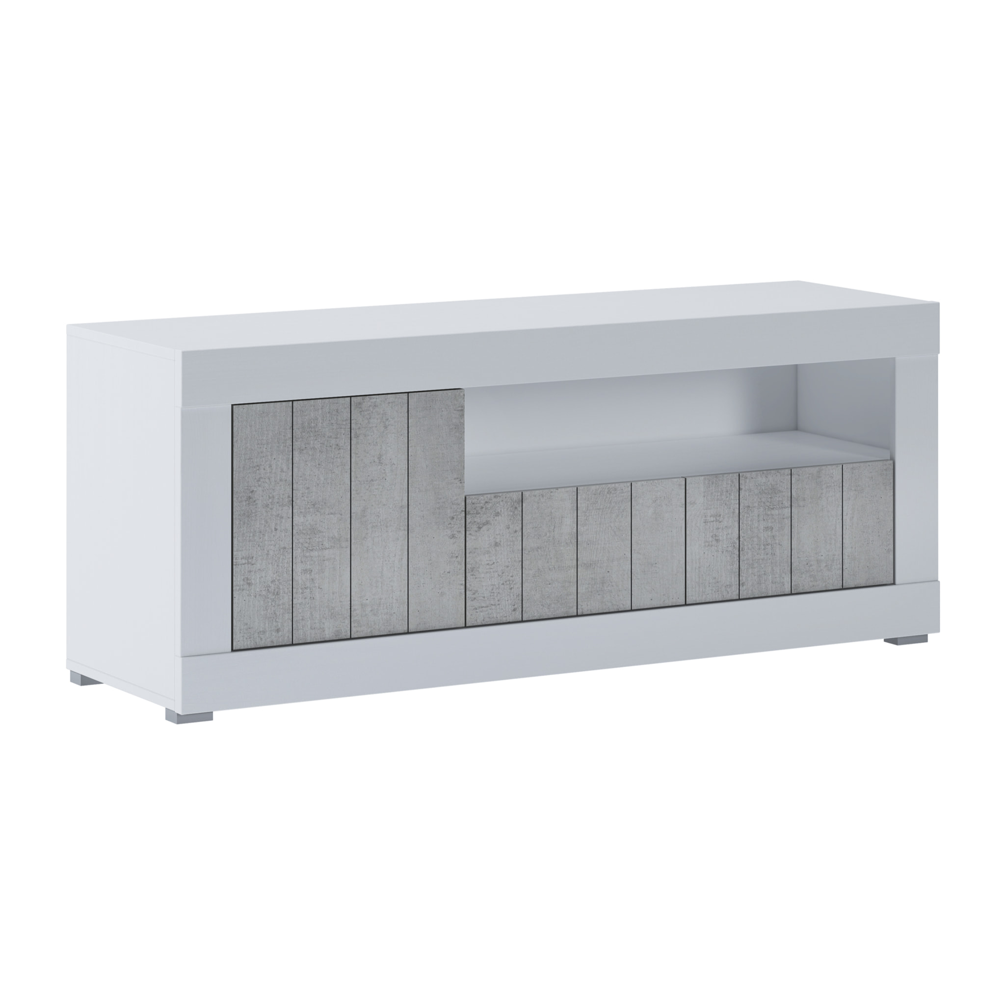 Mobile TV Basso In Melaminico Con Anta Laterale E A Ribalta Vano Giorno Ripiani Interni Soggiorno Salotto 136.9x41.8x56 Cm Bianco Grigio Cemento