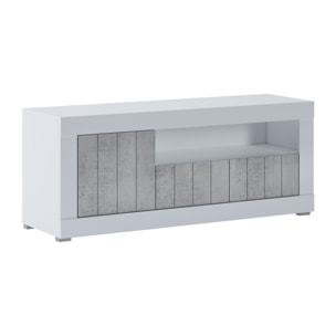Mobile TV Basso In Melaminico Con Anta Laterale E A Ribalta Vano Giorno Ripiani Interni Soggiorno Salotto 136.9x41.8x56 Cm Bianco Grigio Cemento