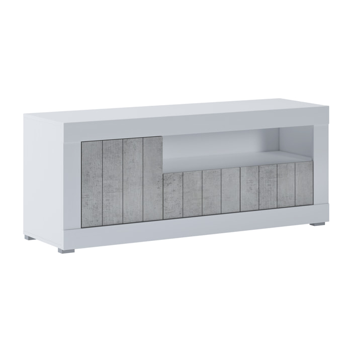 Mobile TV Basso In Melaminico Con Anta Laterale E A Ribalta Vano Giorno Ripiani Interni Soggiorno Salotto 136.9x41.8x56 Cm Bianco Grigio Cemento