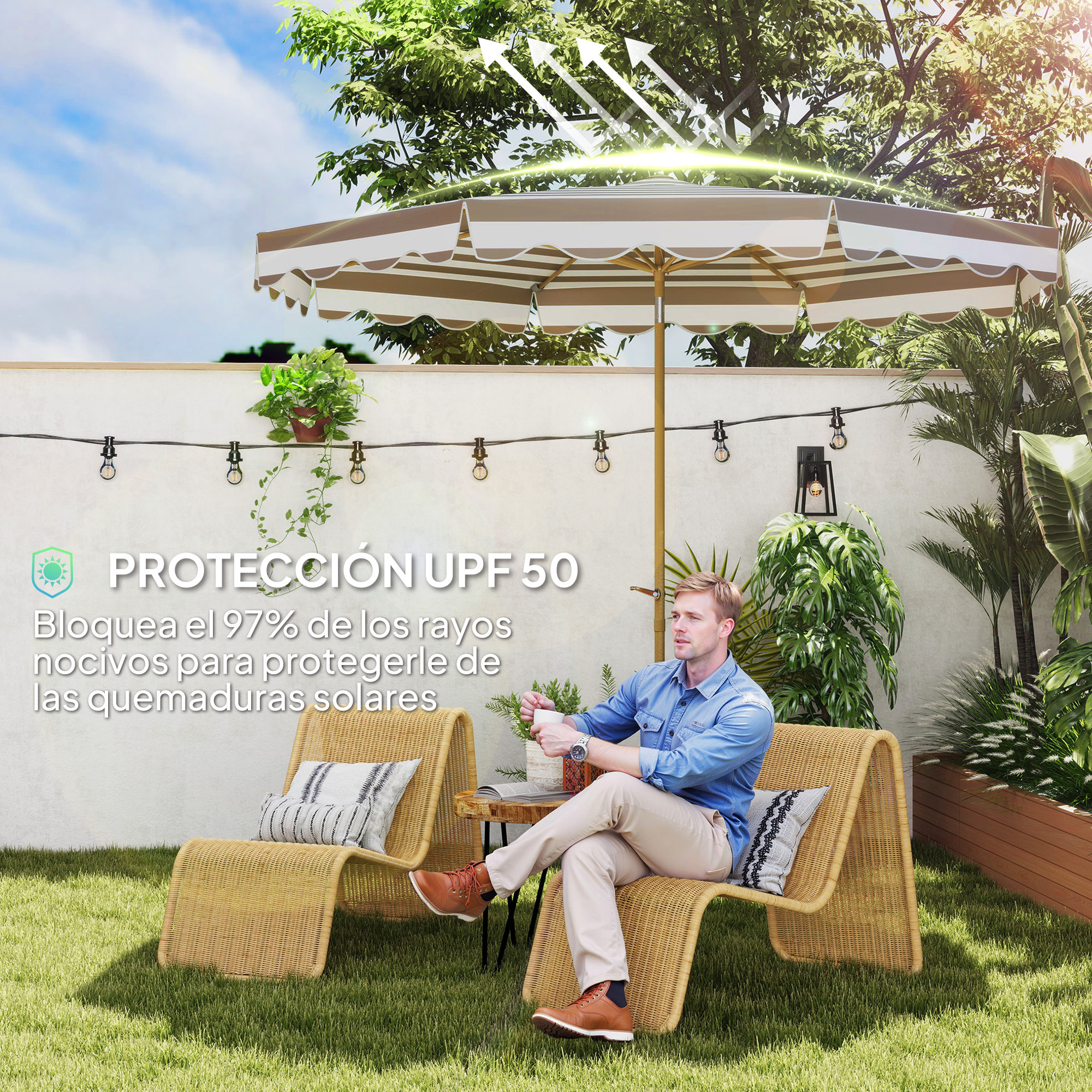 Sombrilla Terraza Exterior Ø268 cm Sombrilla de Jardín con Ángulo Inclinable y Manivela Protección UV 50+ Parasol para Patio Terraza Gris y Blanco