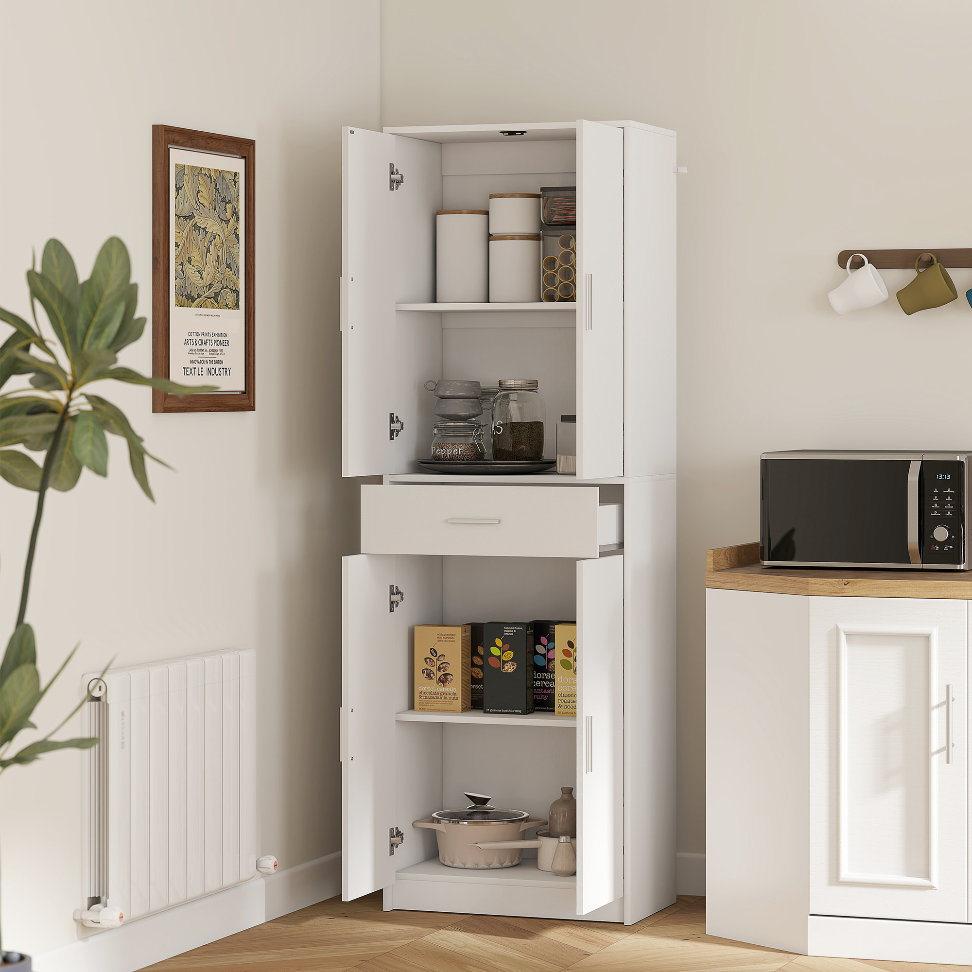 Armoire de cuisine multi-rangement - 4 portes, 2 étagères, tiroir - dim. 60 x 35 x 180 cm - effet bois blanc