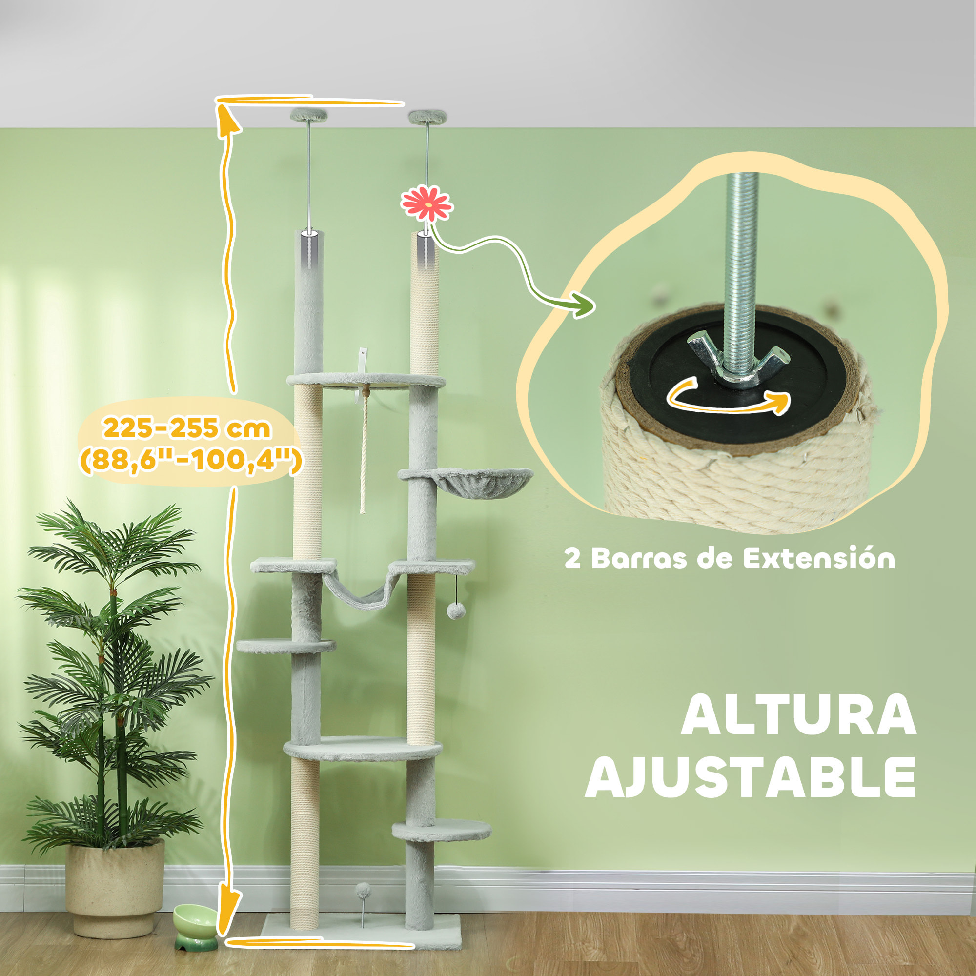 Árbol para Gatos de Suelo a Techo 225-255 cm Árbol Rascador para Gatos de 7 Niveles Torre para Gatos con Hamacas Plataformas Juguete de Cuerda Bola de Juguete Gris