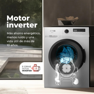 EVVO Lavadora 7 kg carga frontal Terra 7, 1200 rpm, Clase energética A, Motor Inverter, 15 programas, Lavado Rápido 15', Inicio diferido, Blanco