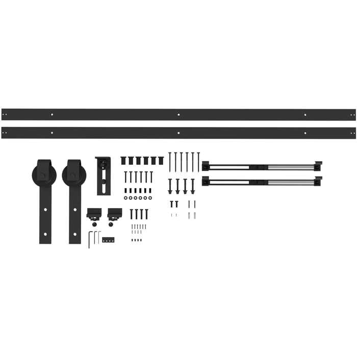 8FT/244cm Herrajes para Puerta Corredera con Amortiguador sin Perforación Kit de Accesorios para Puerta Corrediza con 2 Rieles para Granero Negro