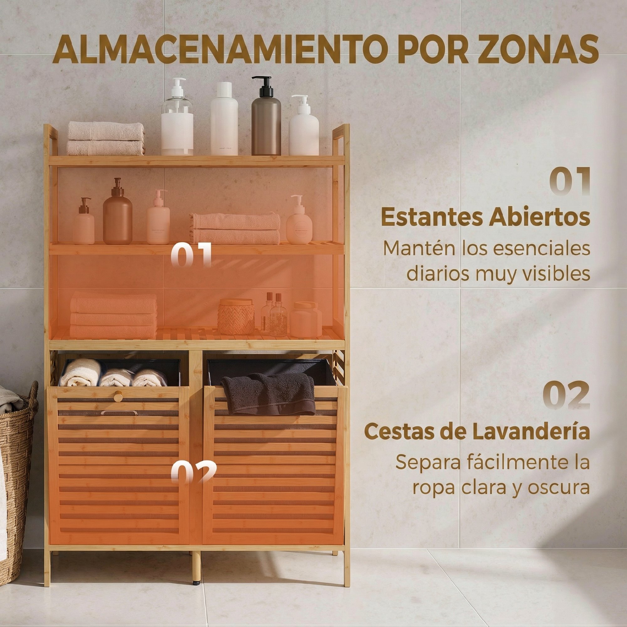 Mueble Ropa Sucia de Bambú, 2 en 1, Mueble de Baño con 2 Cestos para Ropa Sucia Inclinables 38,7 L y 3 Estantes, para Cocina, Salón, 80x30x118 cm, Roble