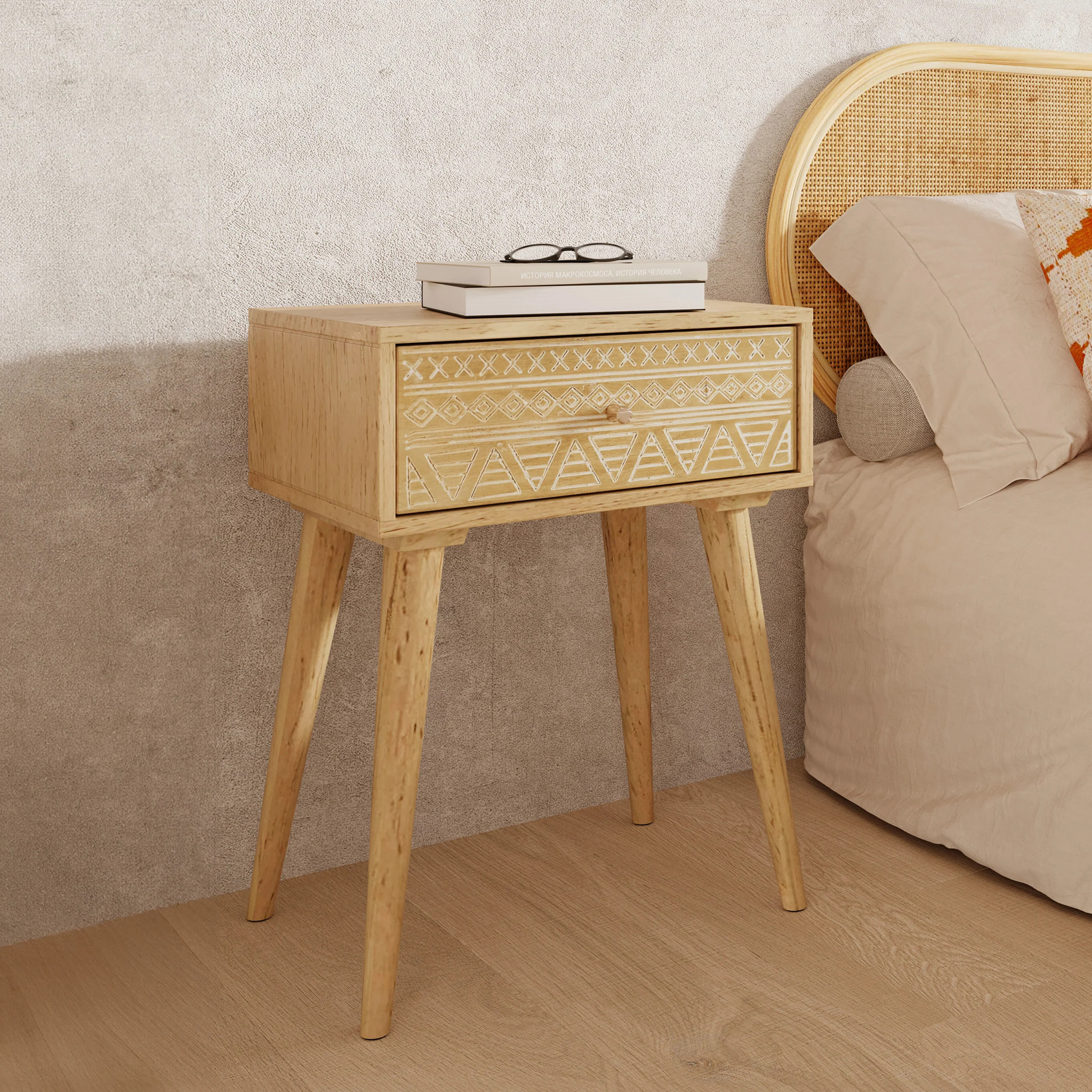 Table de chevet en bois de manguier gravé 1 tiroir - Tiny