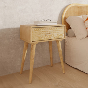 Table de chevet en bois de manguier gravé 1 tiroir - Tiny