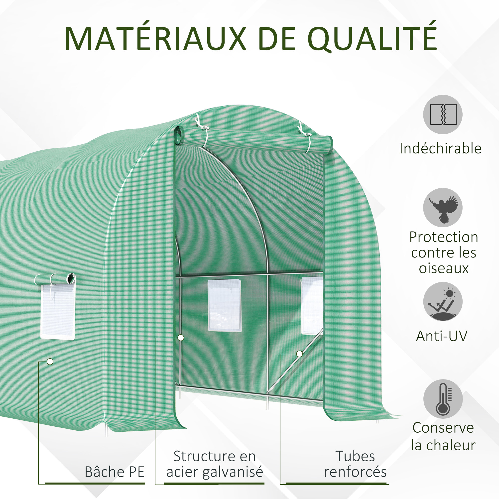 Serre de jardin tunnel 4,5L x 2l x 2H m châssis tubulaire acier galvanisé renforcé 1,8 cm 6 fenêtres 1 porte vert