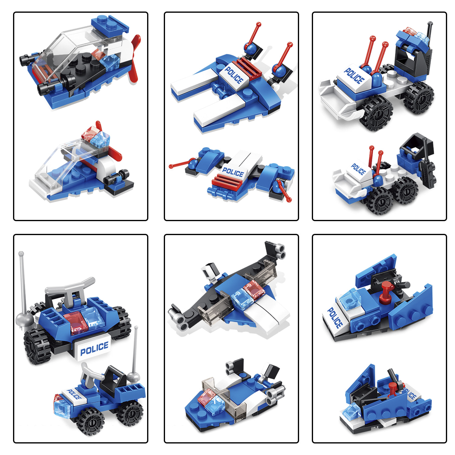 Avión de policía 12 en 1, de 251 piezas. Construye 12 modelos individuales con 2 formas cada uno.